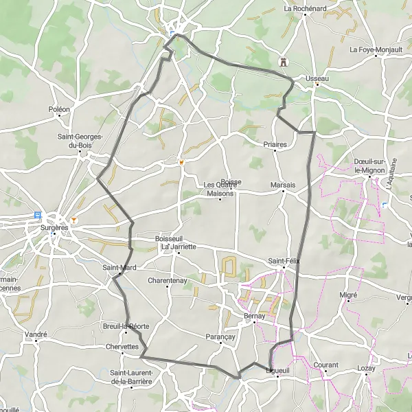 Map miniature of "Mauzé-sur-le-Mignon - Breuil-la-Réorte Loop" cycling inspiration in Poitou-Charentes, France. Generated by Tarmacs.app cycling route planner