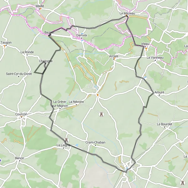 Map miniature of "Poitou-Charentes Round-Trip Cycling - Road Route 2" cycling inspiration in Poitou-Charentes, France. Generated by Tarmacs.app cycling route planner