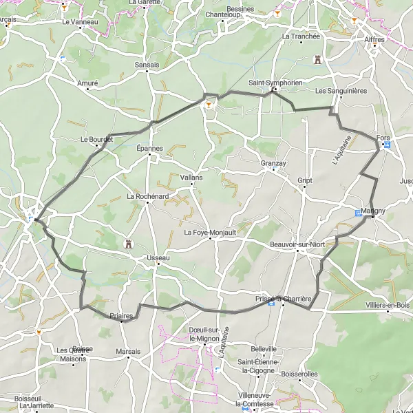 Map miniature of "Mauzé-sur-le-Mignon - Frontenay-Rohan-Rohan Loop" cycling inspiration in Poitou-Charentes, France. Generated by Tarmacs.app cycling route planner