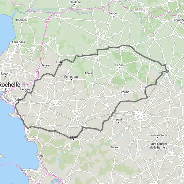 Map miniature of "Poitou-Charentes Round-Trip Cycling - Road Route 1" cycling inspiration in Poitou-Charentes, France. Generated by Tarmacs.app cycling route planner