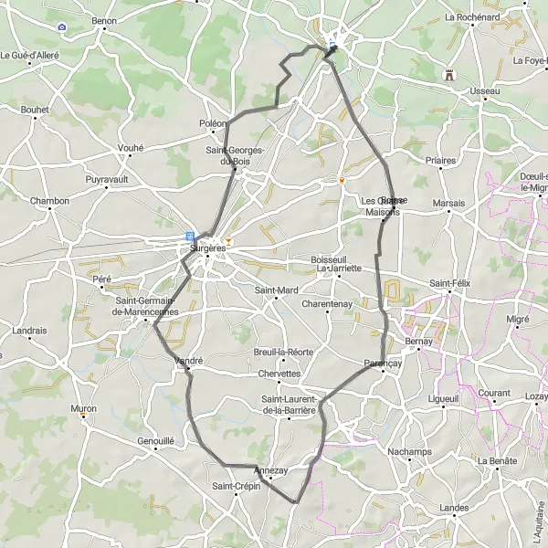Map miniature of "Mauzé-sur-le-Mignon - Surgeries Loop" cycling inspiration in Poitou-Charentes, France. Generated by Tarmacs.app cycling route planner