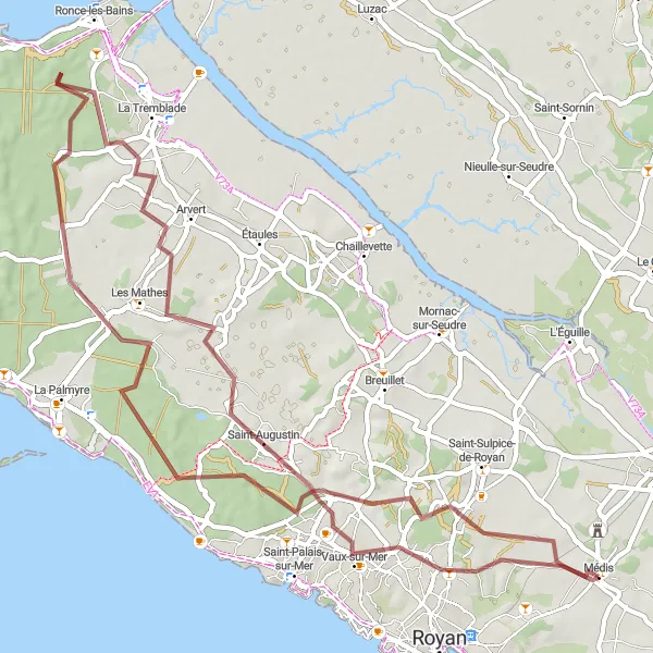 Map miniature of "Gravel Adventure to Vaux-sur-Mer" cycling inspiration in Poitou-Charentes, France. Generated by Tarmacs.app cycling route planner