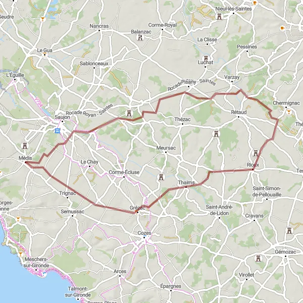 Miniature de la carte de l'inspiration cycliste "Les Chemins de Terre Battue" dans la Poitou-Charentes, France. Générée par le planificateur d'itinéraire cycliste Tarmacs.app
