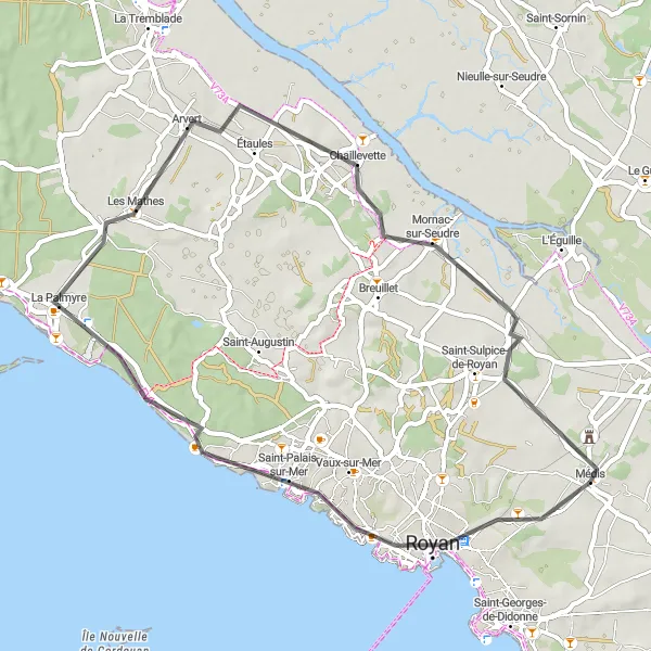 Map miniature of "Médis Loop" cycling inspiration in Poitou-Charentes, France. Generated by Tarmacs.app cycling route planner