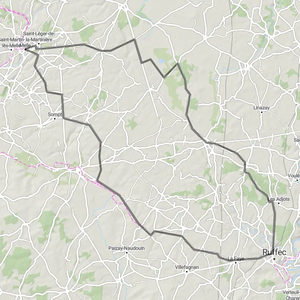 Map miniature of "Melle - Saint-Léger-de-la-Martinière - Saint-Vincent-la-Châtre - La Faye - Theil-Rabier - Ardilleux - Melle" cycling inspiration in Poitou-Charentes, France. Generated by Tarmacs.app cycling route planner