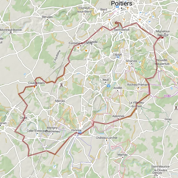 Map miniature of "Gravel Adventure through Nouaillé-Maupertuis" cycling inspiration in Poitou-Charentes, France. Generated by Tarmacs.app cycling route planner