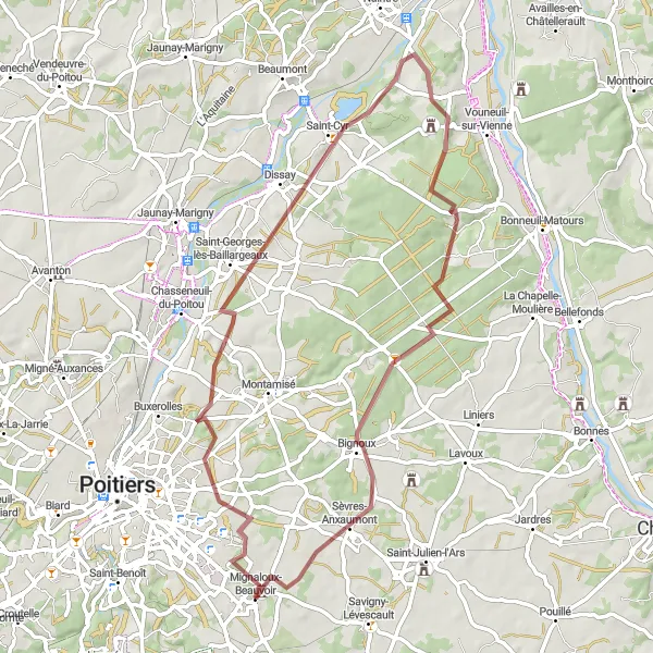 Map miniature of "Gravel Route from Mignaloux-Beauvoir" cycling inspiration in Poitou-Charentes, France. Generated by Tarmacs.app cycling route planner