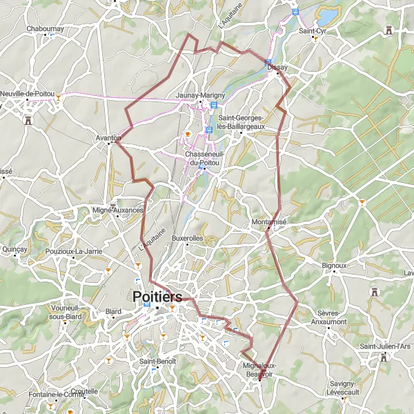 Map miniature of "Scenic Gravel Ride around Poitiers" cycling inspiration in Poitou-Charentes, France. Generated by Tarmacs.app cycling route planner