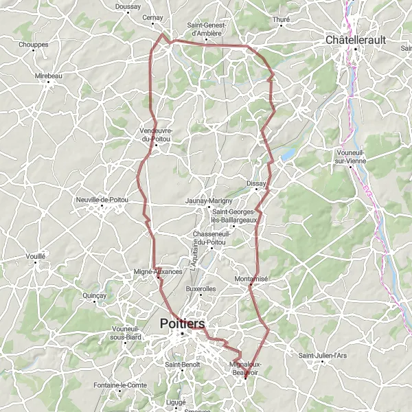 Miniature de la carte de l'inspiration cycliste "Parcours gravel autour de Mignaloux-Beauvoir" dans la Poitou-Charentes, France. Générée par le planificateur d'itinéraire cycliste Tarmacs.app