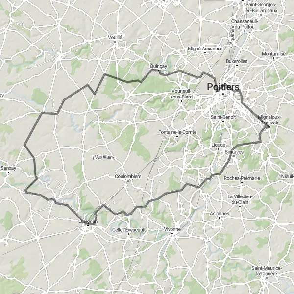 Map miniature of "The Poitiers Challenge" cycling inspiration in Poitou-Charentes, France. Generated by Tarmacs.app cycling route planner