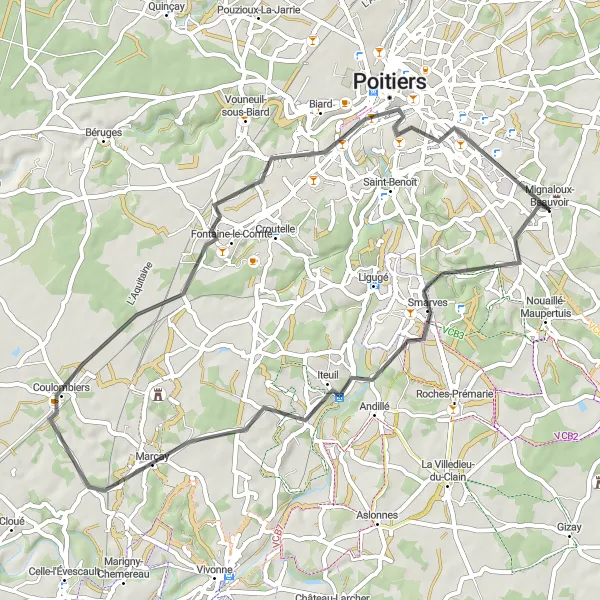 Map miniature of "Mignaloux-Beauvoir to Poitiers Loop" cycling inspiration in Poitou-Charentes, France. Generated by Tarmacs.app cycling route planner