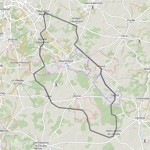 Miniature de la carte de l'inspiration cycliste "La campagne autour de Mignaloux-Beauvoir" dans la Poitou-Charentes, France. Générée par le planificateur d'itinéraire cycliste Tarmacs.app