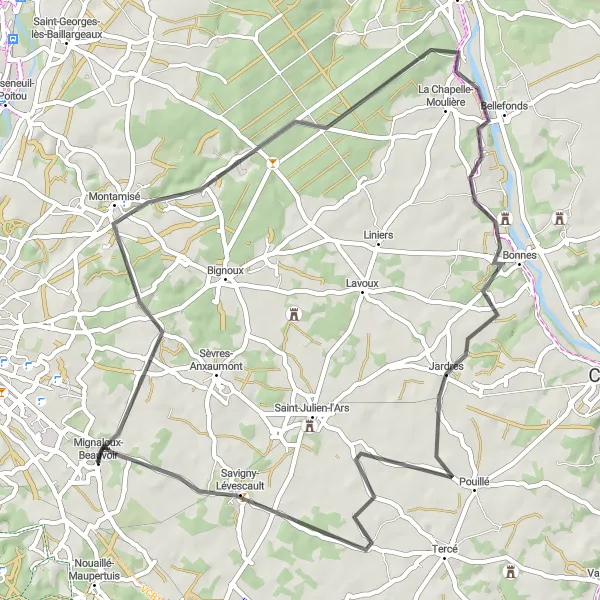 Map miniature of "Mignaloux-Beauvoir to Jardres Loop" cycling inspiration in Poitou-Charentes, France. Generated by Tarmacs.app cycling route planner