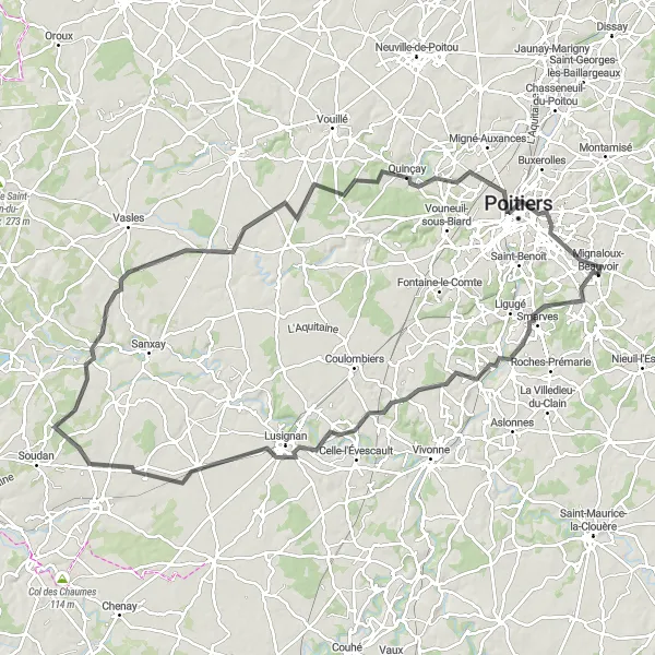 Miniature de la carte de l'inspiration cycliste "Itinéraire varié dans la campagne de Mignaloux-Beauvoir" dans la Poitou-Charentes, France. Générée par le planificateur d'itinéraire cycliste Tarmacs.app