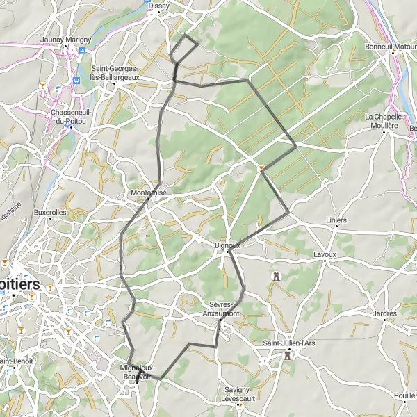 Map miniature of "Road Cycling Adventure near Montamisé" cycling inspiration in Poitou-Charentes, France. Generated by Tarmacs.app cycling route planner