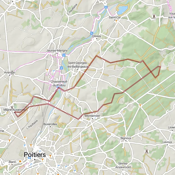 Map miniature of "Poitou-Charentes Gravel Route 2" cycling inspiration in Poitou-Charentes, France. Generated by Tarmacs.app cycling route planner