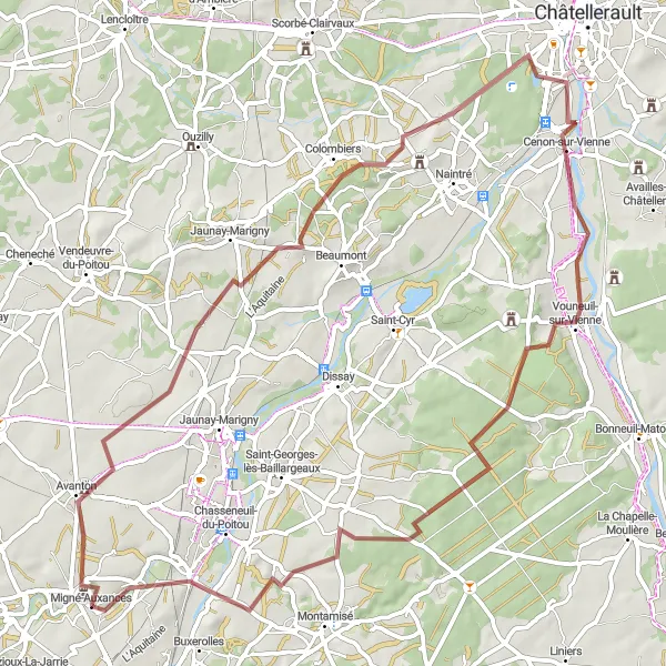 Map miniature of "Gravel Circuit around Migné-Auxances" cycling inspiration in Poitou-Charentes, France. Generated by Tarmacs.app cycling route planner