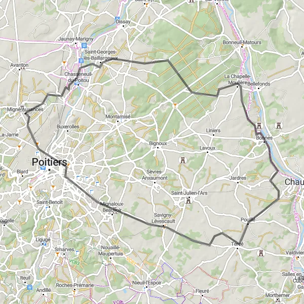 Map miniature of "Cycling Discovery in Saint-Georges-lès-Baillargeaux" cycling inspiration in Poitou-Charentes, France. Generated by Tarmacs.app cycling route planner