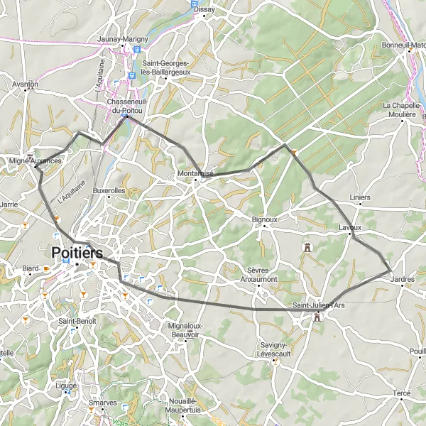 Map miniature of "Poitou-Charentes Road Route 1" cycling inspiration in Poitou-Charentes, France. Generated by Tarmacs.app cycling route planner