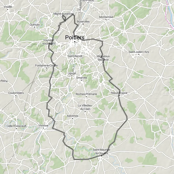 Miniature de la carte de l'inspiration cycliste "Les Châteaux de la Vienne" dans la Poitou-Charentes, France. Générée par le planificateur d'itinéraire cycliste Tarmacs.app
