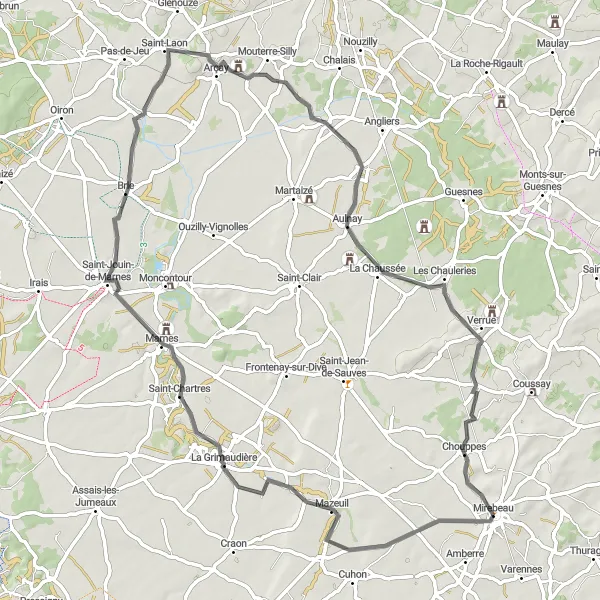 Map miniature of "Châteaux and Scenic Landscapes" cycling inspiration in Poitou-Charentes, France. Generated by Tarmacs.app cycling route planner