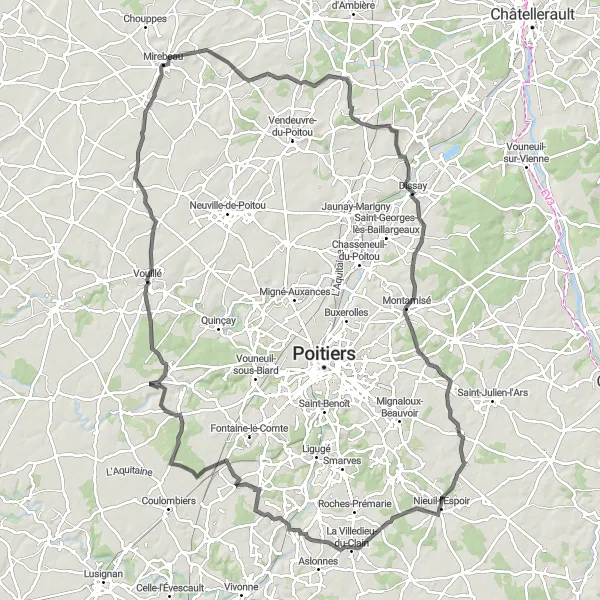 Map miniature of "Exploring Poitou-Charentes" cycling inspiration in Poitou-Charentes, France. Generated by Tarmacs.app cycling route planner