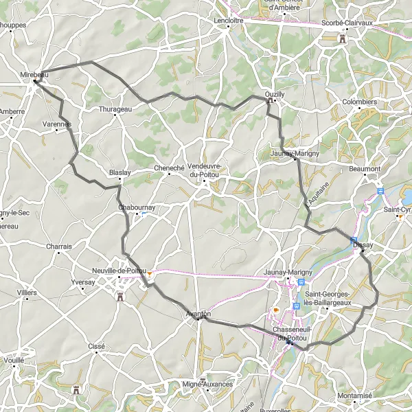 Miniature de la carte de l'inspiration cycliste "Boucle Nature autour de Chasseneuil-du-Poitou" dans la Poitou-Charentes, France. Générée par le planificateur d'itinéraire cycliste Tarmacs.app