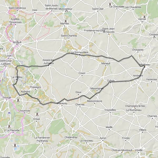 Map miniature of "Thénezay Adventure" cycling inspiration in Poitou-Charentes, France. Generated by Tarmacs.app cycling route planner
