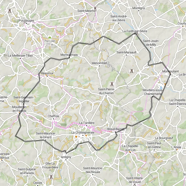 Map miniature of "Breuil-Barret Loop" cycling inspiration in Poitou-Charentes, France. Generated by Tarmacs.app cycling route planner