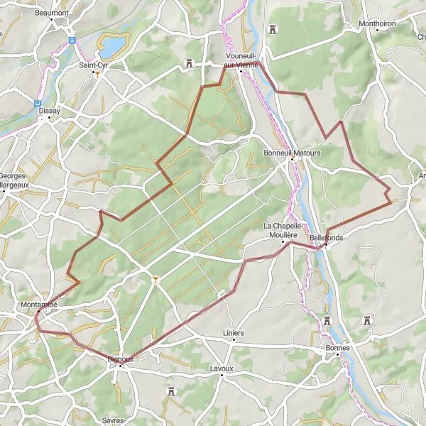 Miniature de la carte de l'inspiration cycliste "Le Chemin des Lavandes" dans la Poitou-Charentes, France. Générée par le planificateur d'itinéraire cycliste Tarmacs.app