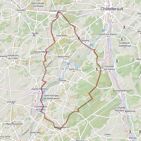 Map miniature of "Montamisé to Jaunay-Marigny Gravel Cycling Route" cycling inspiration in Poitou-Charentes, France. Generated by Tarmacs.app cycling route planner