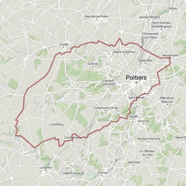 Map miniature of "Montamisé to Curzay-sur-Vonne Gravel Cycling Route" cycling inspiration in Poitou-Charentes, France. Generated by Tarmacs.app cycling route planner