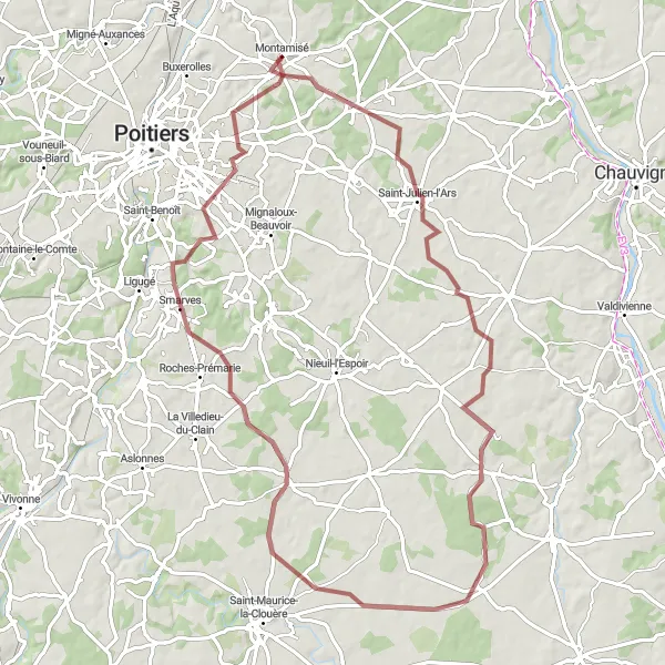 Map miniature of "Gravel Adventure around Montamisé" cycling inspiration in Poitou-Charentes, France. Generated by Tarmacs.app cycling route planner