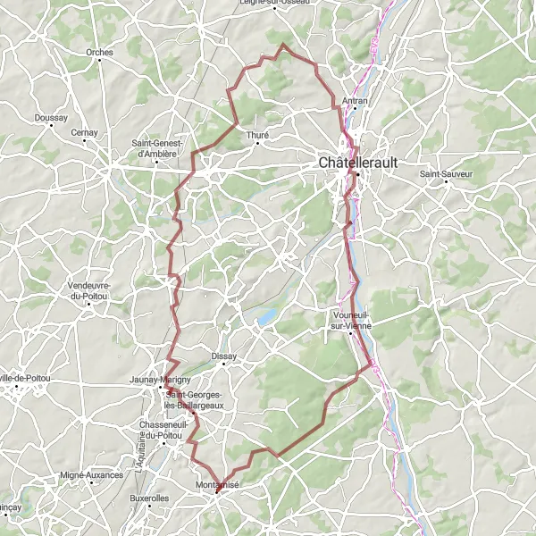 Map miniature of "Epic Gravel Journey to Vouneuil-sur-Vienne" cycling inspiration in Poitou-Charentes, France. Generated by Tarmacs.app cycling route planner