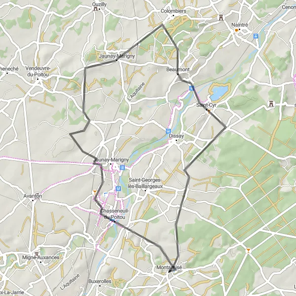 Map miniature of "Short Road Loop around Montamisé" cycling inspiration in Poitou-Charentes, France. Generated by Tarmacs.app cycling route planner