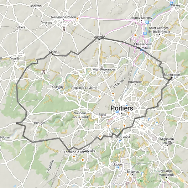 Miniature de la carte de l'inspiration cycliste "Boucle à vélo de Montamisé à Avanton" dans la Poitou-Charentes, France. Générée par le planificateur d'itinéraire cycliste Tarmacs.app