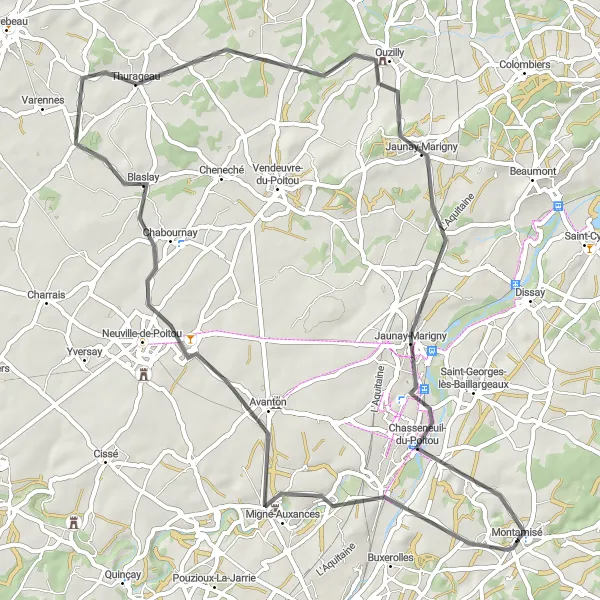 Map miniature of "Scenic Road Ride near Montamisé" cycling inspiration in Poitou-Charentes, France. Generated by Tarmacs.app cycling route planner