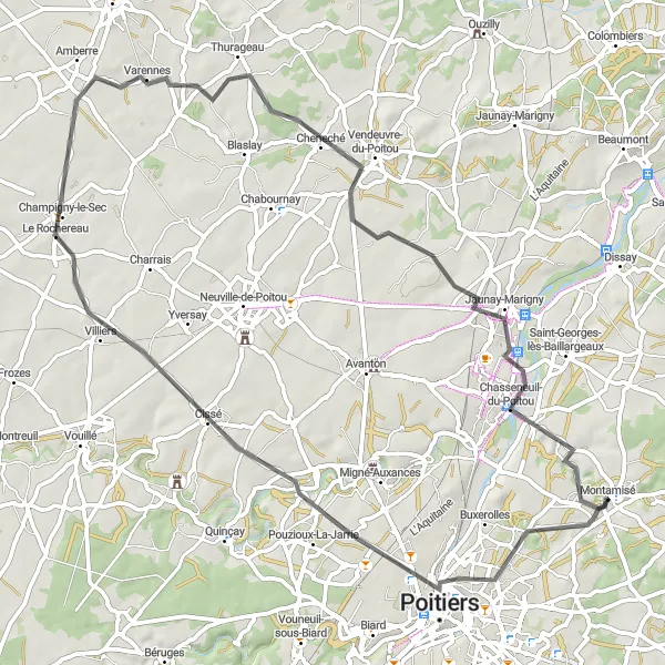 Map miniature of "Montamisé to Chasseneuil-du-Poitou Scenic Road Cycling Route" cycling inspiration in Poitou-Charentes, France. Generated by Tarmacs.app cycling route planner