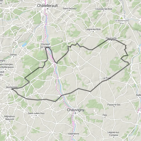 Miniature de la carte de l'inspiration cycliste "Les Vallées de la Vienne" dans la Poitou-Charentes, France. Générée par le planificateur d'itinéraire cycliste Tarmacs.app