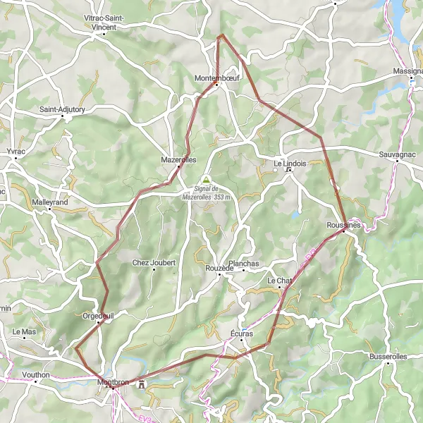 Map miniature of "Gravel Adventure Through Orgedeuil and Montembœuf" cycling inspiration in Poitou-Charentes, France. Generated by Tarmacs.app cycling route planner