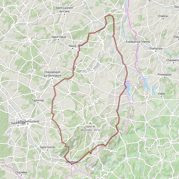 Map miniature of "Gravel Adventure in the Charente" cycling inspiration in Poitou-Charentes, France. Generated by Tarmacs.app cycling route planner