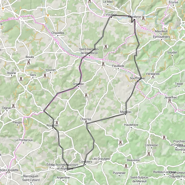 Map miniature of "Souffrignac Loop" cycling inspiration in Poitou-Charentes, France. Generated by Tarmacs.app cycling route planner