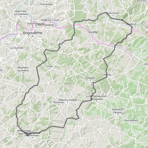 Map miniature of "Cycling Adventure From Montbron to Saint-Sornin" cycling inspiration in Poitou-Charentes, France. Generated by Tarmacs.app cycling route planner