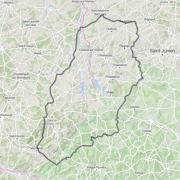 Map miniature of "Rochechouart Discovery" cycling inspiration in Poitou-Charentes, France. Generated by Tarmacs.app cycling route planner