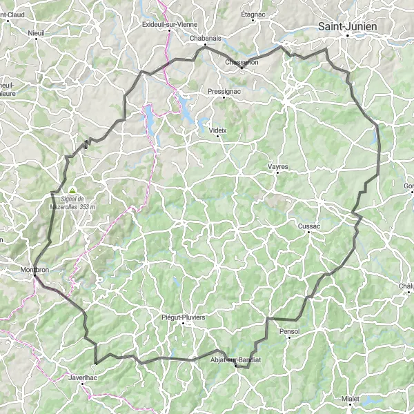 Map miniature of "An Epic Cycling Challenge: Montembœuf to Soudat" cycling inspiration in Poitou-Charentes, France. Generated by Tarmacs.app cycling route planner