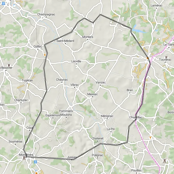 Map miniature of "Baignes-Sainte-Radegonde Loop" cycling inspiration in Poitou-Charentes, France. Generated by Tarmacs.app cycling route planner