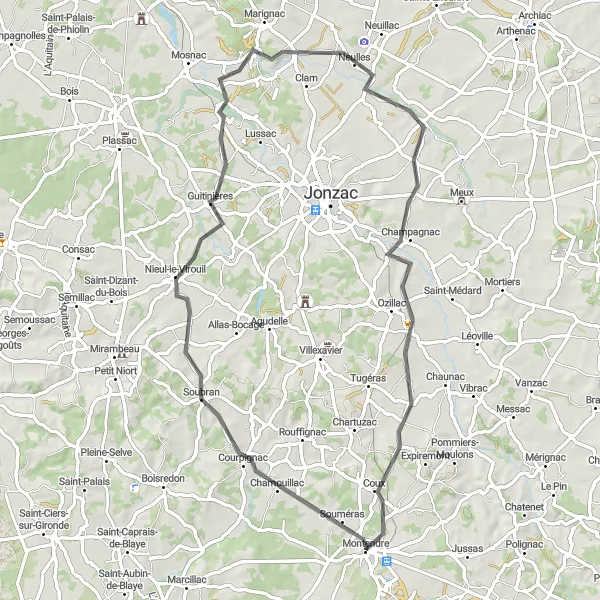 Miniature de la carte de l'inspiration cycliste "Parcours de 69 km sur routes pittoresques près de Montendre" dans la Poitou-Charentes, France. Générée par le planificateur d'itinéraire cycliste Tarmacs.app
