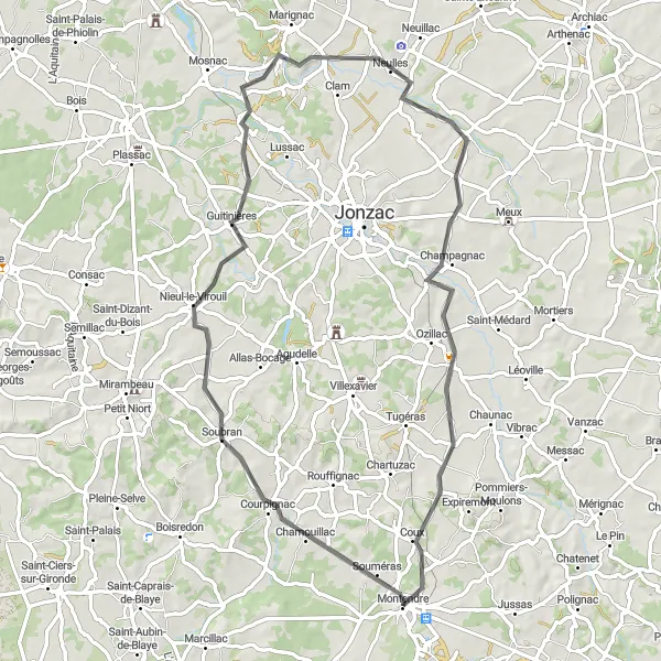 Map miniature of "Courpignac Loop" cycling inspiration in Poitou-Charentes, France. Generated by Tarmacs.app cycling route planner