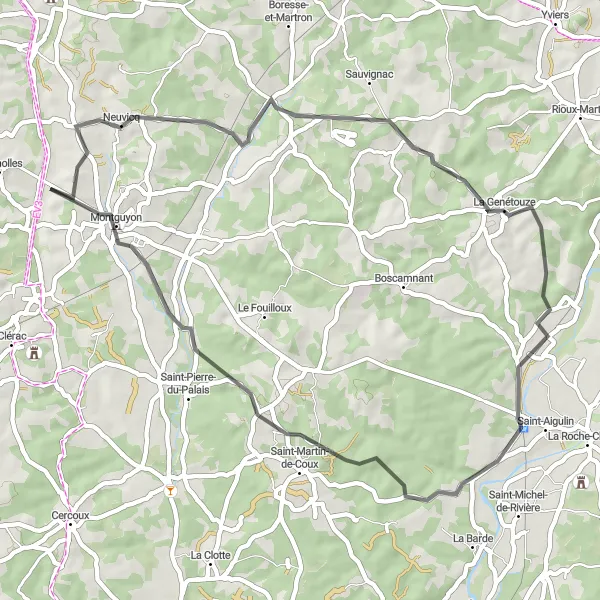 Map miniature of "Exploring Neuvicq and Saint-Aigulin" cycling inspiration in Poitou-Charentes, France. Generated by Tarmacs.app cycling route planner