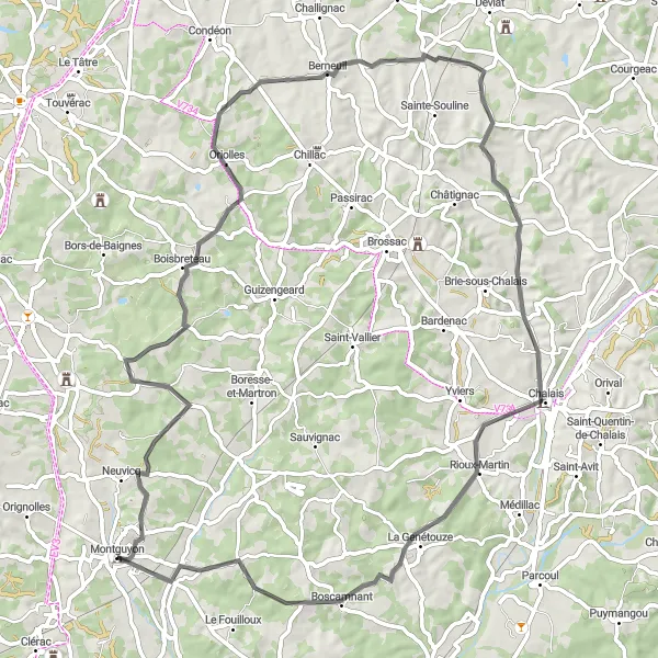 Map miniature of "Cycling through Oriolles and Poullignac" cycling inspiration in Poitou-Charentes, France. Generated by Tarmacs.app cycling route planner